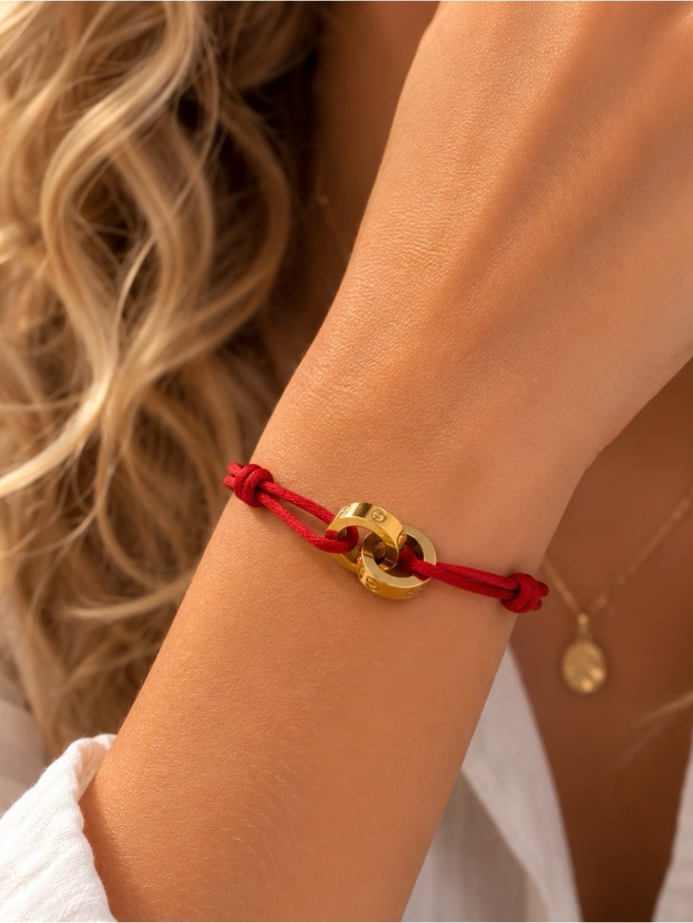 Gold Red Cord Bracelet | Double Ring Knot Minimalist Adjustable